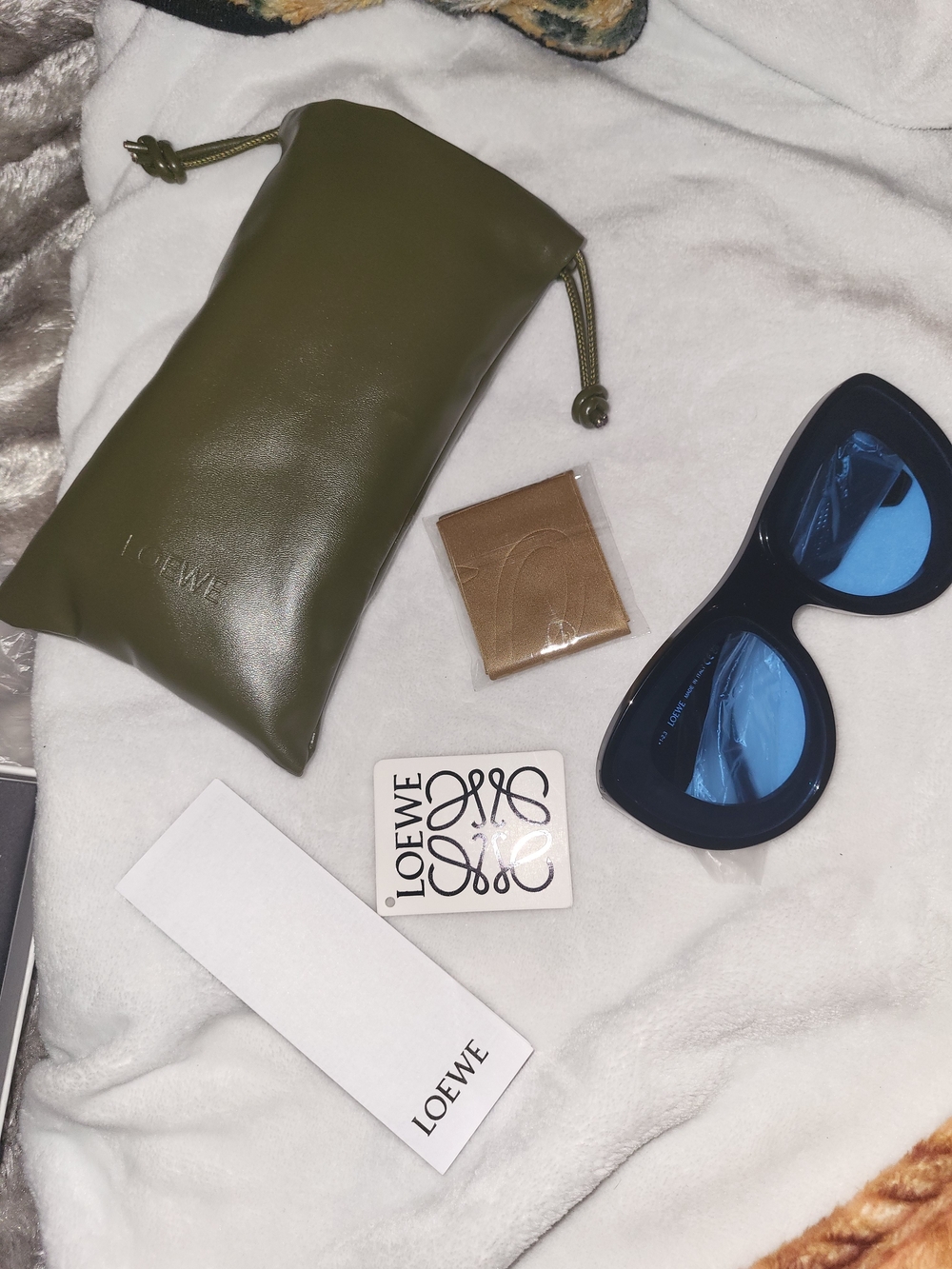 Loewe Olive Green Leather Sunglasses Pouch with Drawstring